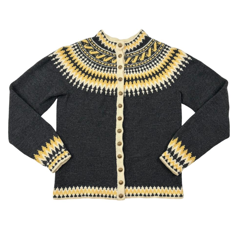 Vintage Danish Wool Fair Isle Cardigan Handmade Denmark Nordic Design Charcoal